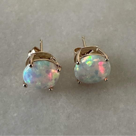 14k Solid Gold Opal Cabochon Post Earrings - Picture 5 of 16